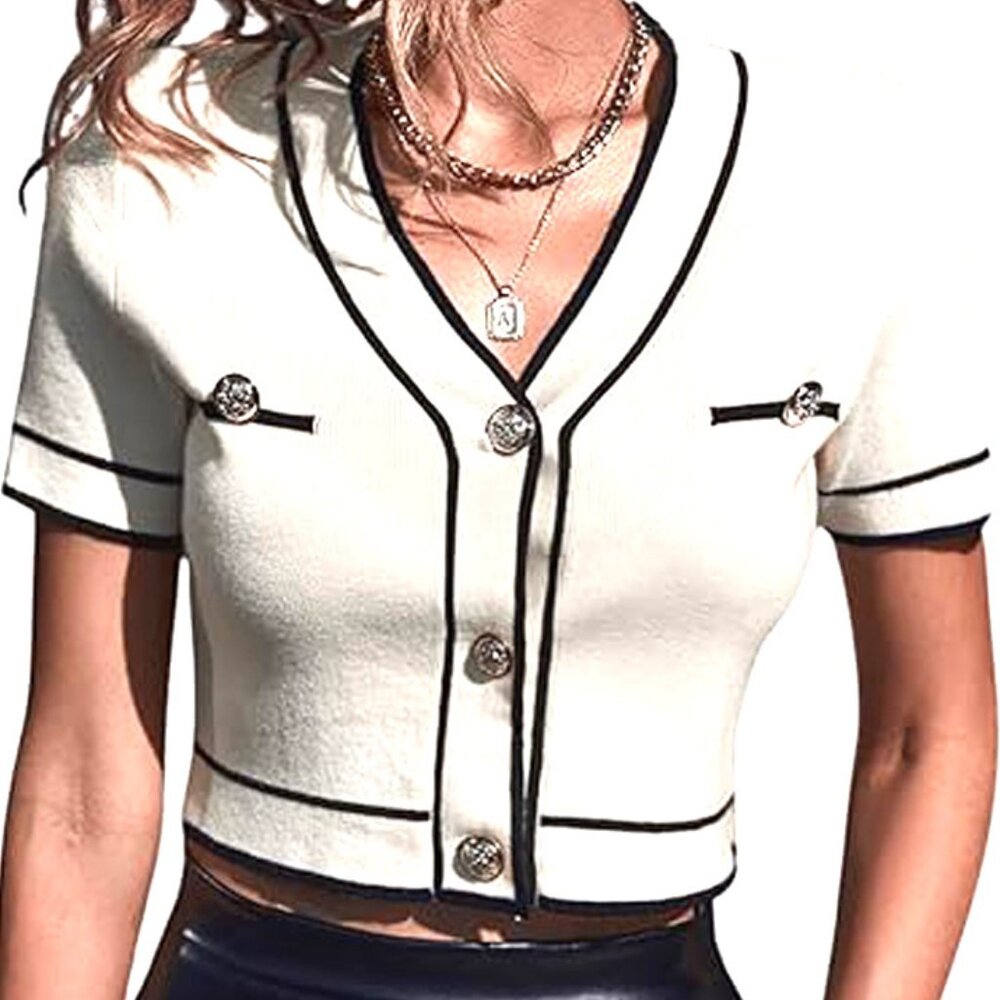 Short sleeves cropped sweater top, button down, beige, M